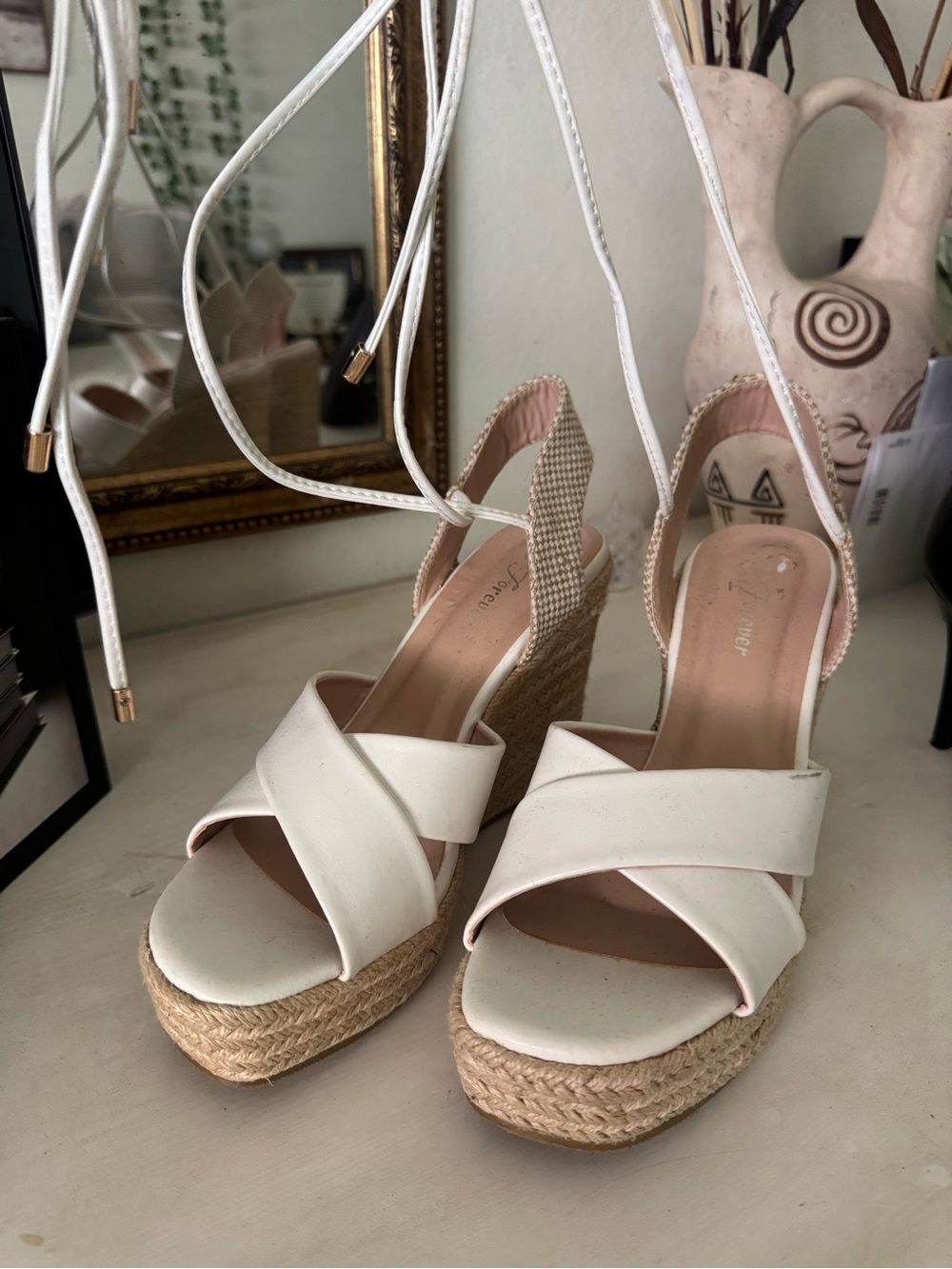 FIONI Clothing Cream Espadrille Wedge Sandals with Ankle Wrap